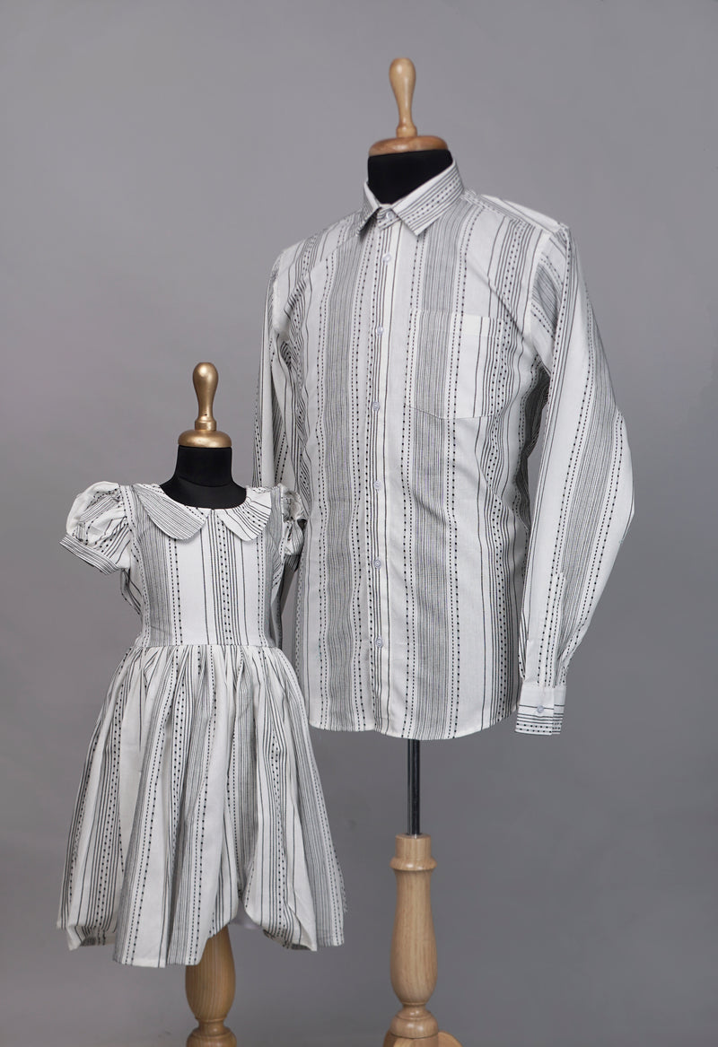 Grey Stripe Cotton Dad and Daughter Combo Matching Set