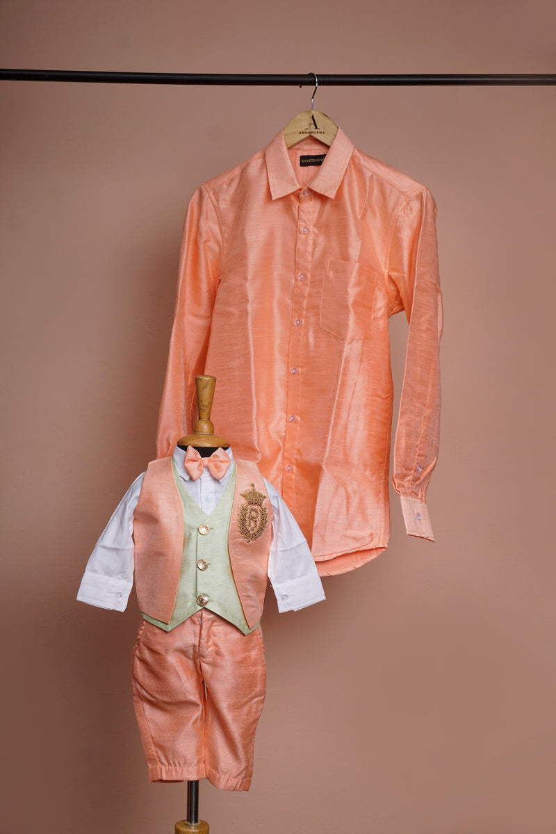 Light Orange and Light Green Rawsilk with Special Embroidery work Dad and Son Combo