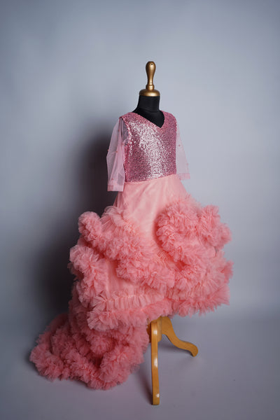 Pink Sequin and Plain net with Floral Design in Girl Kid Customization Dress