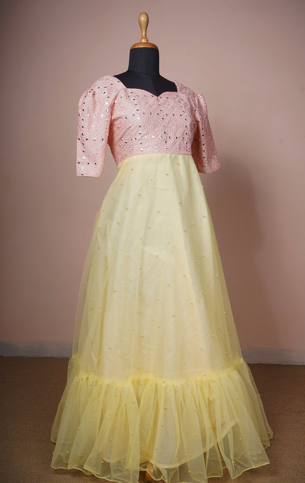 Peach Glass Embroidered Fabric and Pearl Net Womens Reception Wear