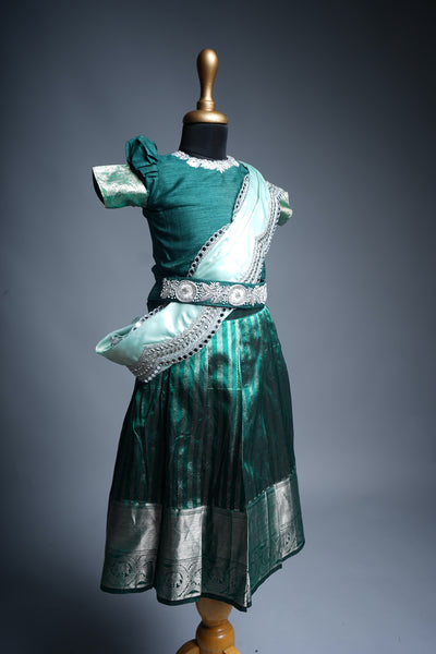 Green Rawsilk and Silk Skirt With Special Embroidery work in Girl kid Birthday Dress