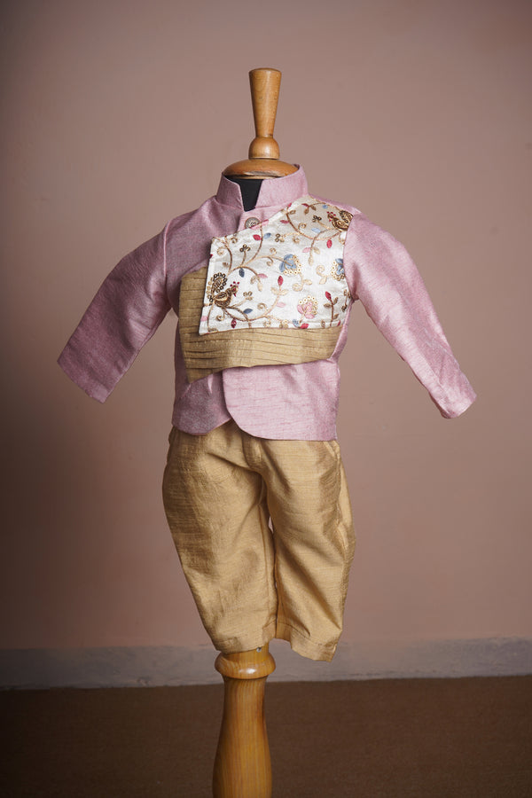 Pink and Gold Rawsilk and Grand Embroidered Fabric Boy kid Birthday Wear