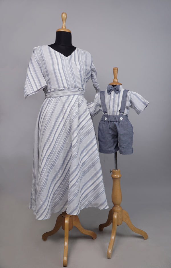Bluish Grey Strip Mom and Son Combo Matching Set