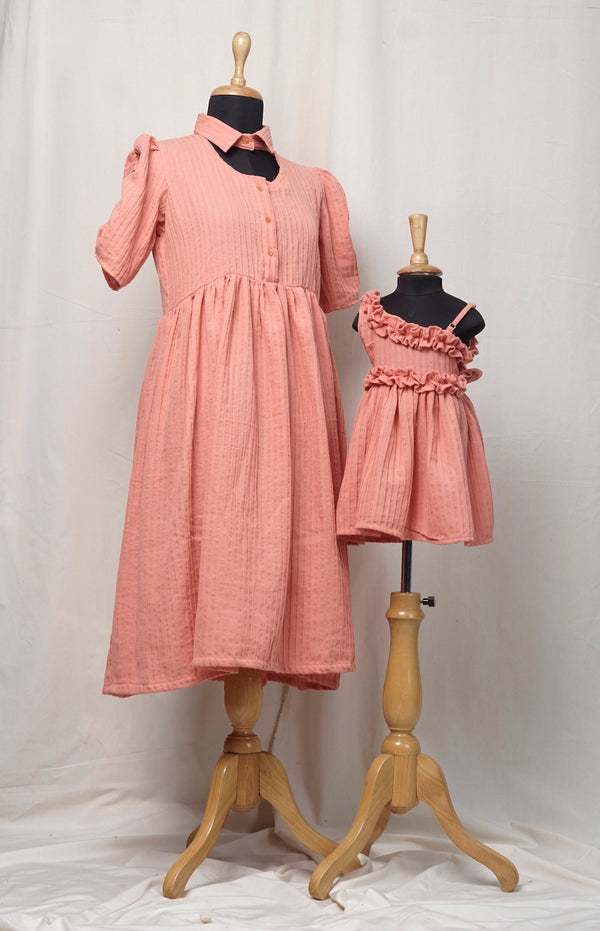 Peach Color Cotton Mom and Daughter Combo