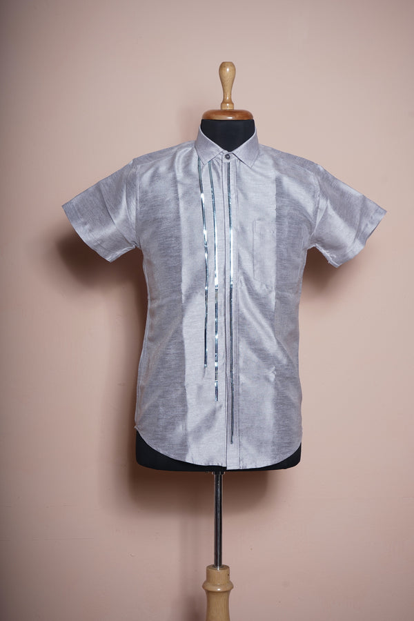 Silver Rawsilk with Special Metal Stripes work in Mens Shirt