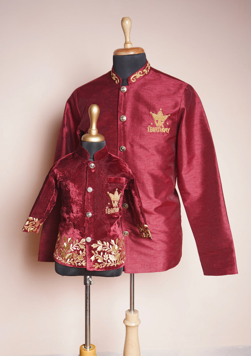Maroon Rawsilk and Velvet with Special Embroidery work in Boy kid First Birthday Dad and Son Combo