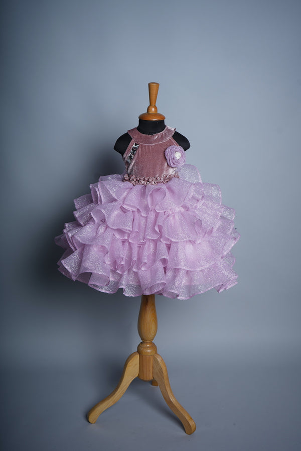 Peach Velvet and Gliter Organza with Stone work Girl kid Birthday Dress