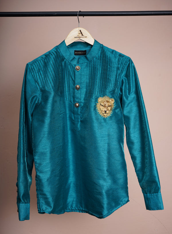 Peacock Blue Rawsilk with Special Lion Embroidery work in Mens Kurta
