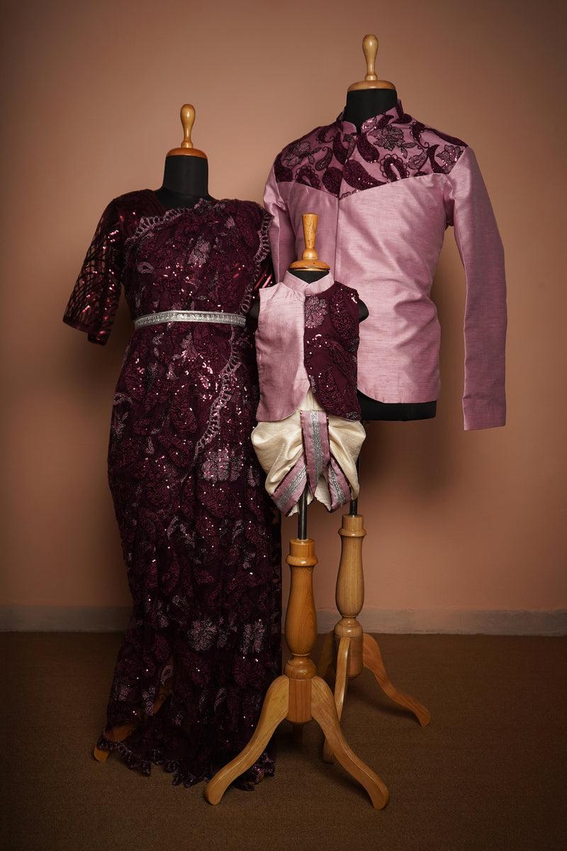 Light Purple Rawsilk and Fancy Embroidery net Family Clothing