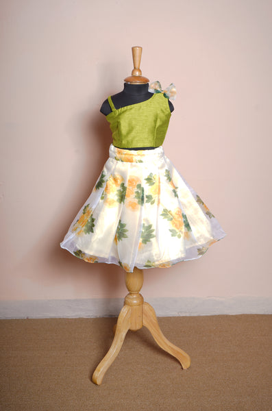 Green Rawsilk and Yellow Organza Girl kid Birthday Dress