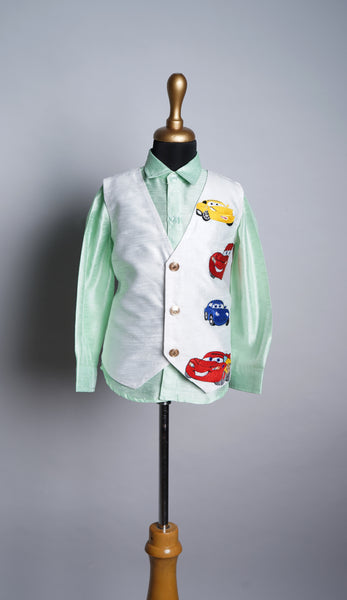 Aqua Green and White Rawsilk with Special Car Embroidery Boy kid Birthday Wear