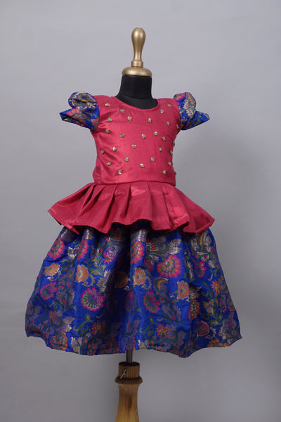 Pink with Blue Brocade Custom Made Dress