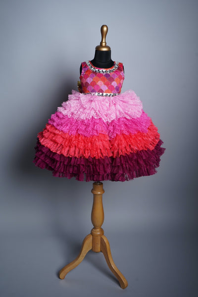 Embroidered Fabric and Embroidery net with Stone work in Girl kid Birthday Wear