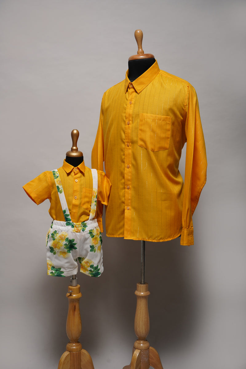 Yellow Lurex and White Printed Dad and Son Combo