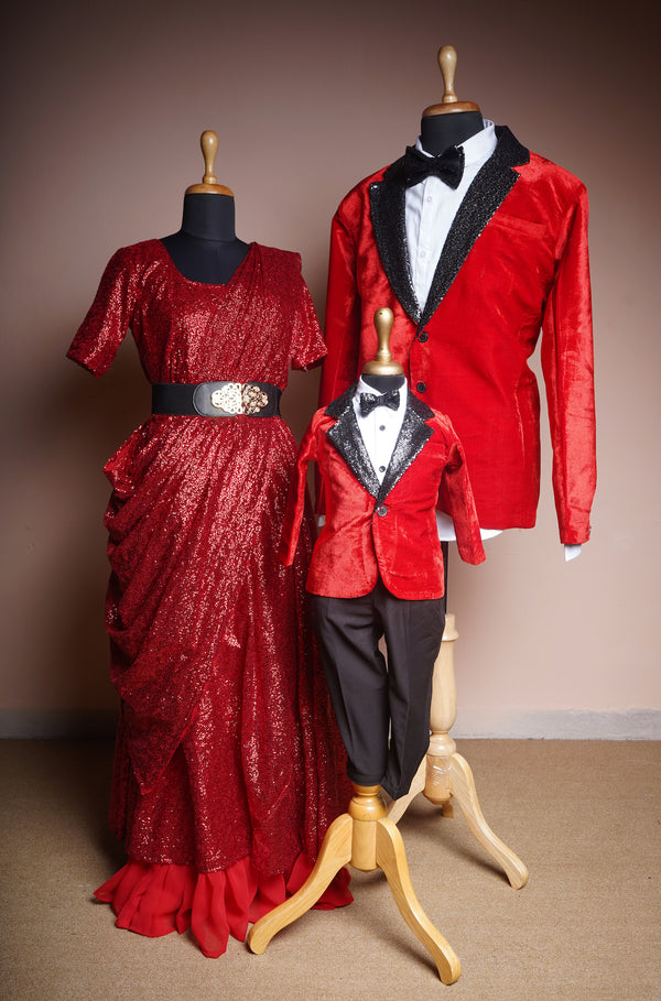 Red Velvet and Plain Red and Black Sequin with White Cotton Shirt Family Clothing