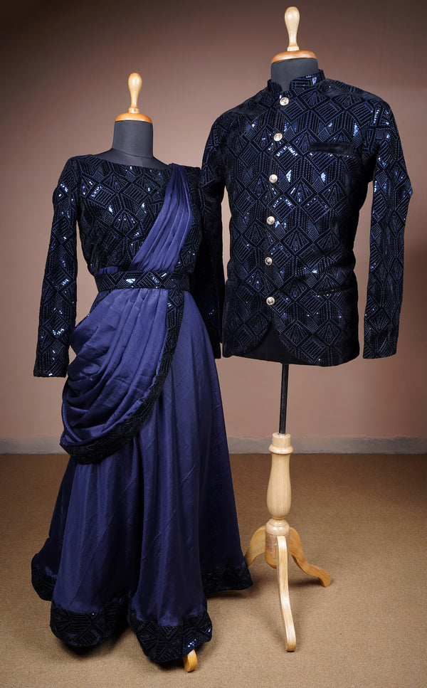 Navy Blue Sequin Embroidered velvet and Chinon Couple Clothing