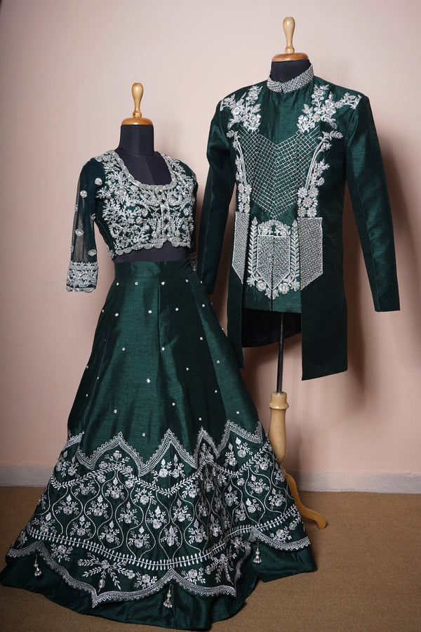 Bottle Green Rawsilk with Special Embroidery work in Couples Bridal Wear