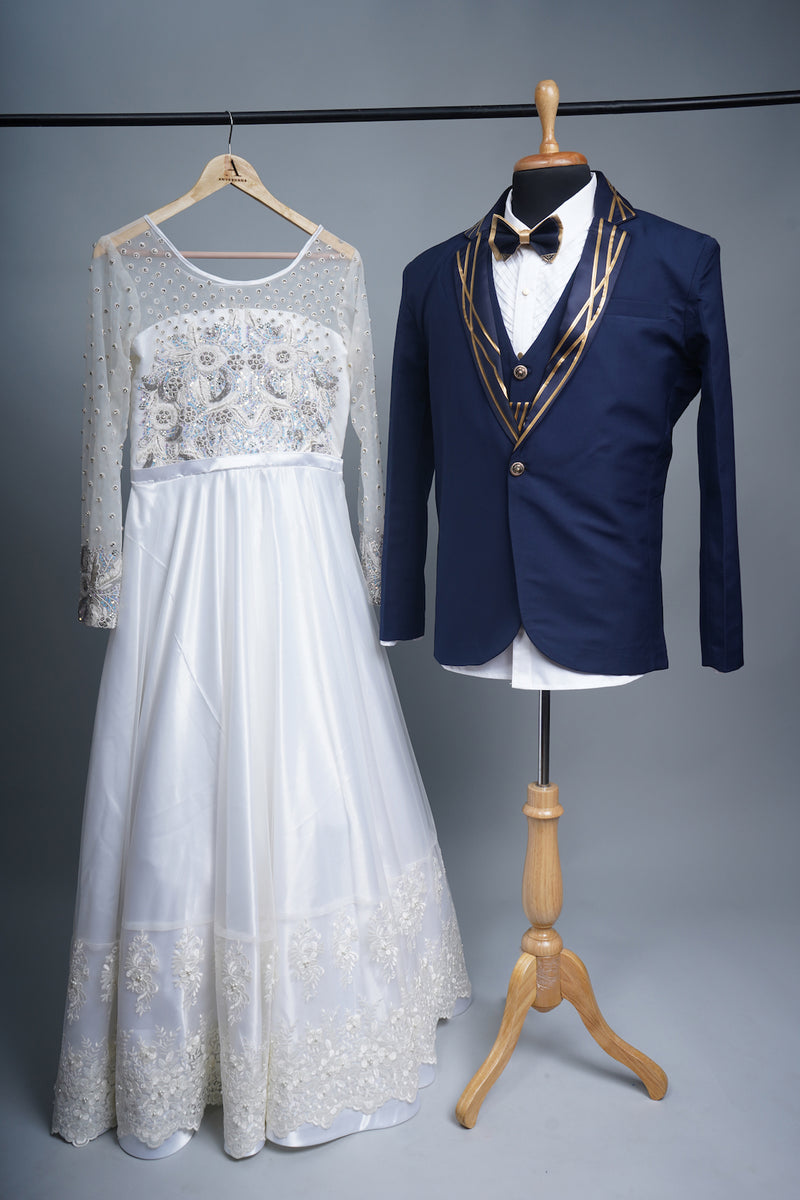 White and Navy Blue Bridal Frock with Special Embroidery work and Gold Metal Striped Blazer Set in Couples Bridal Wear