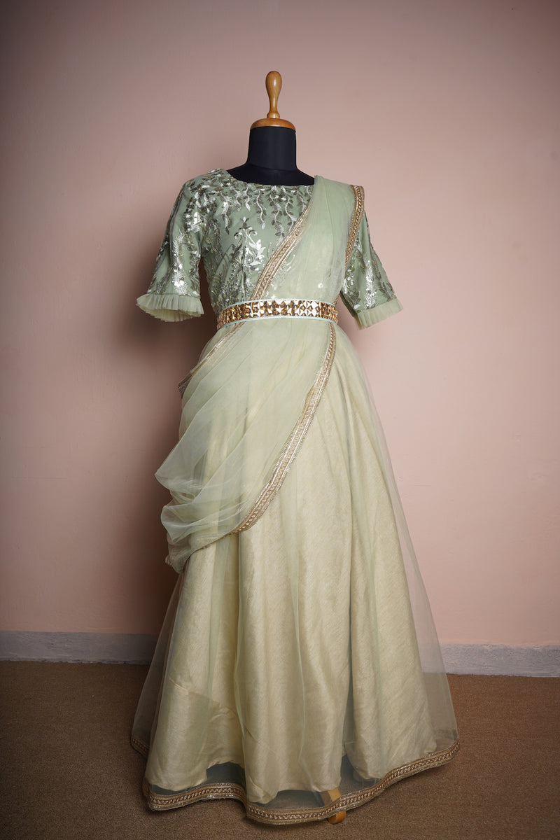 Light Green Fancy Embroidery Net and Plain Net with Special Gold Stone Belt Womens Reception Wear
