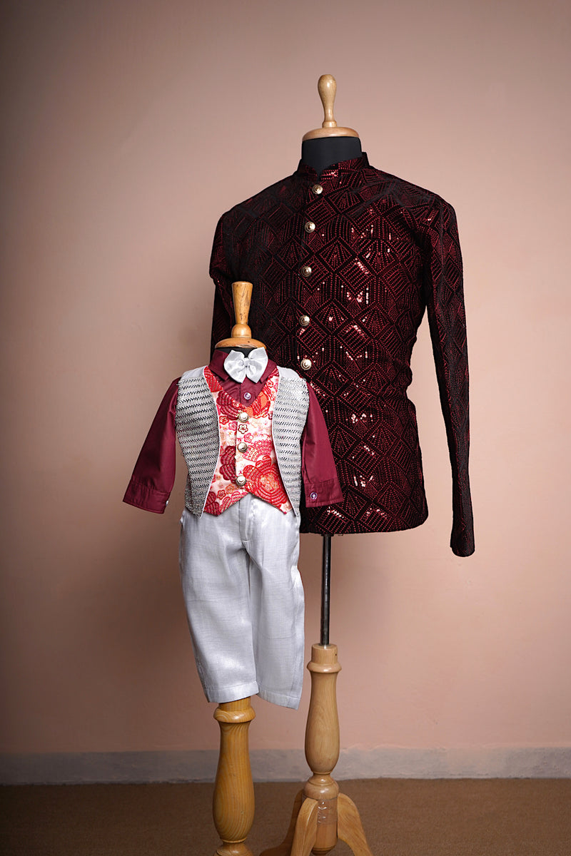 Maroon Sequin Embroidered Velvet and Embroidered Kali and Tissue with Special Stone work in Dad and Son Combo