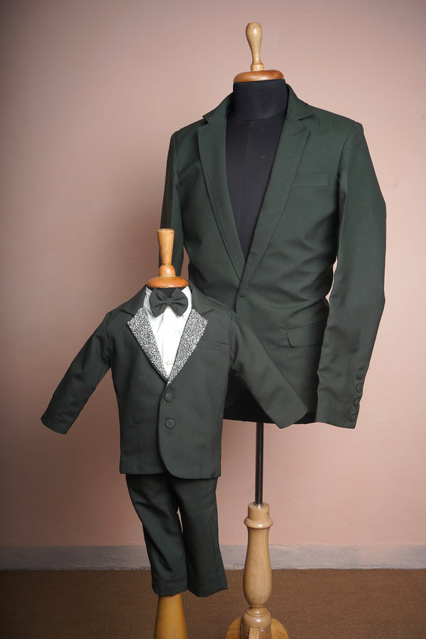 Bottle Green Suiting Fabric and White Cotton with Special Embroidery work in Dad and Son Combo