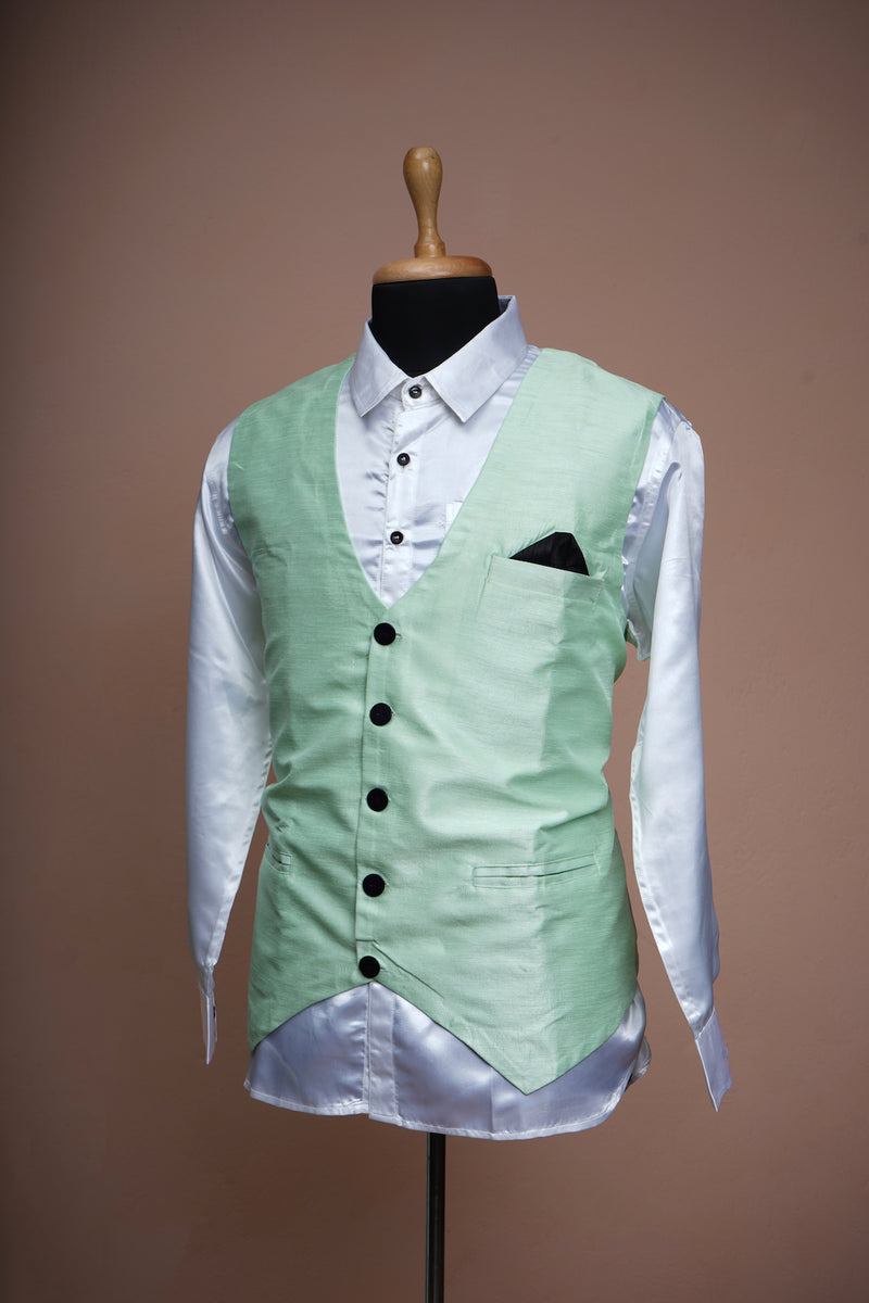 Light Green Rawsilk with White Cotton Shirt Mens Suit
