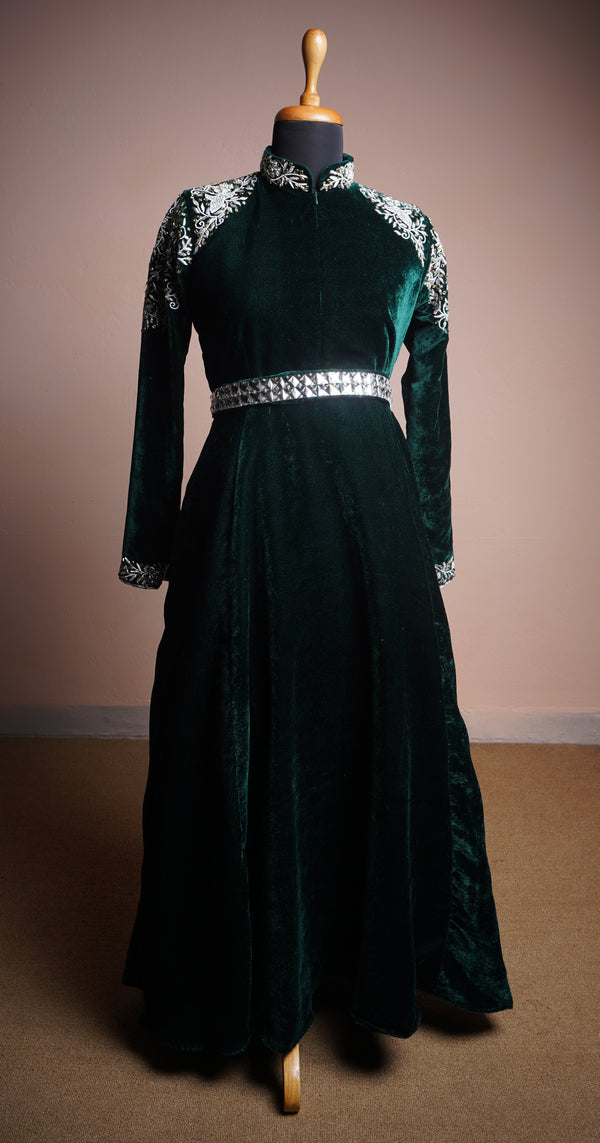 Bottle Green Velvet and Special Embroidery work with white stone Belt in Womens Reception Wear