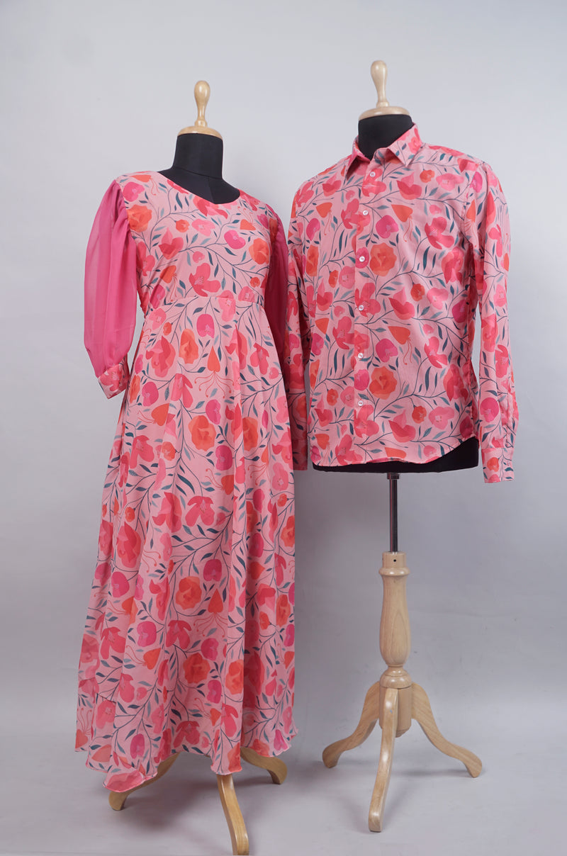 Pink Floral Printed Georgette Couple Combo Matching Set