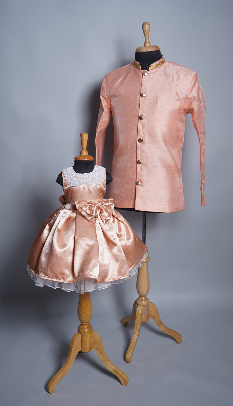 Peach Rawsilk and Satin with Speacial Embroidery work and Pearl work Dad and Daughter Combo