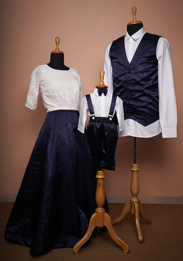 white and Navy blue satin and Sequin fabric Family Clothing