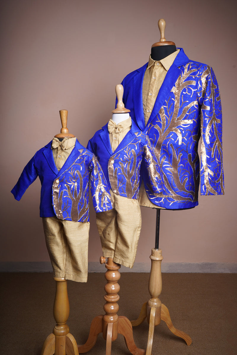 Cobalt Blue and Gold Rawsilk with Special Embroidery work in Dad and Son Combo