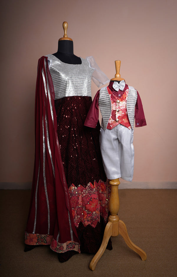 Maroon Sequin Embroiderded Velvet and Embroidered Kali and Plain Georgette with Special Stone work in Mom and Son combo