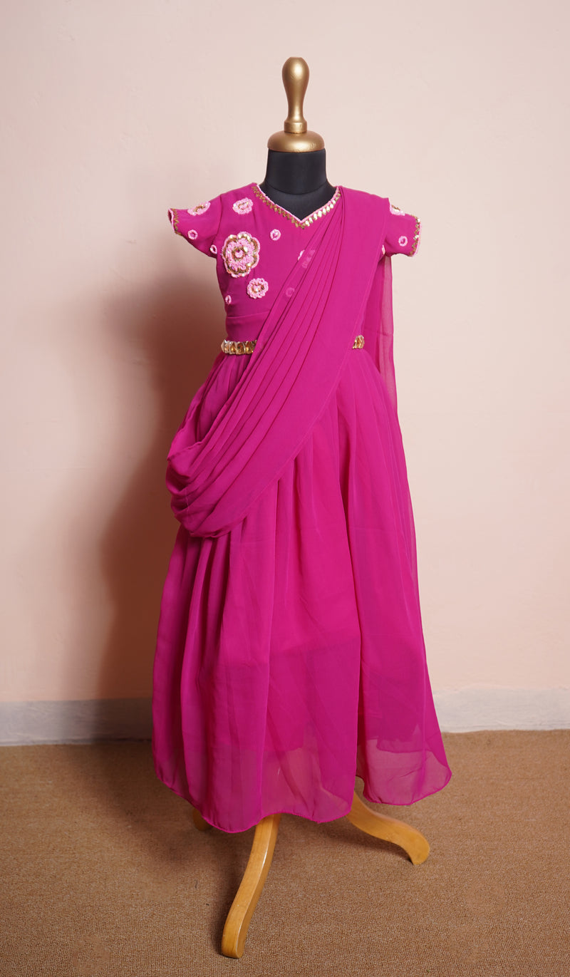 Dark Pink Plain Georgette with Speacial Embroidery work in Girl Kid Birthday Dress