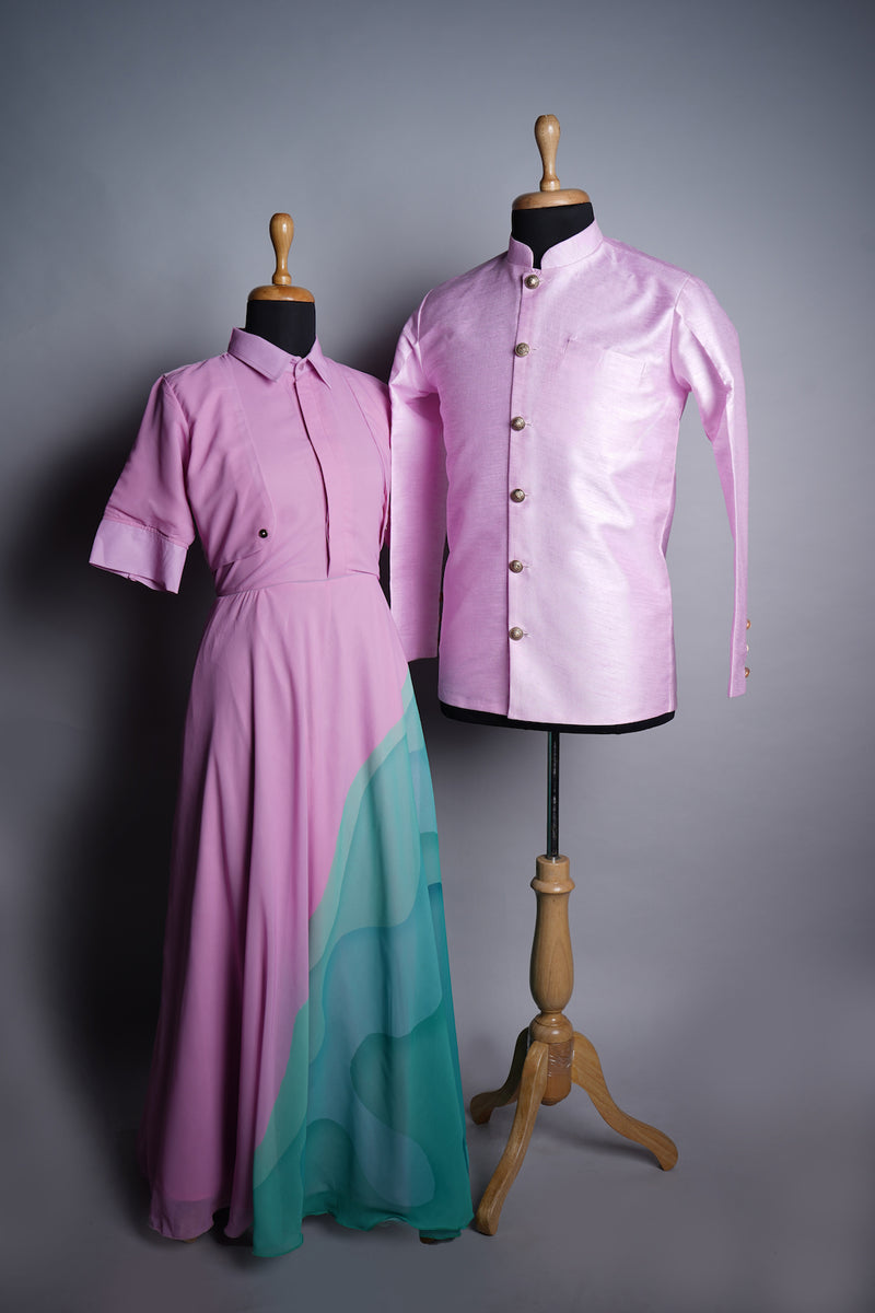 Pink Rawsilk and Plain Georgette and Highlights in Couple Clothing