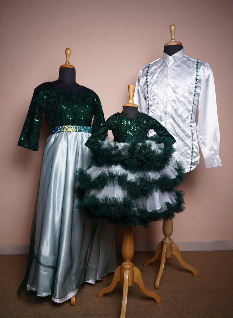 Dark Green Sequin velvet and Plain net and White Satin with Special Embroidery work and Box Pleated Design Family Clothing