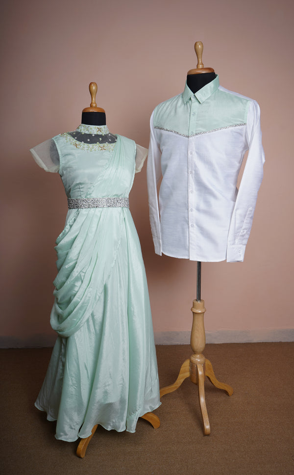 Light Green Chinon and Rawsilk with Special Embroidery work and Stone Foil Patch work in Party Wear Couple Clothing