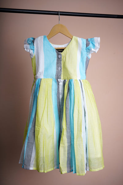 Lemon Yellow and Light Blue Stripes Cotton Girl kid Frock
