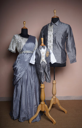Steel Grey & Silver Family Matching Outfit – Draped Saree Gown, Formal Shirt, and Kids' Suit Set