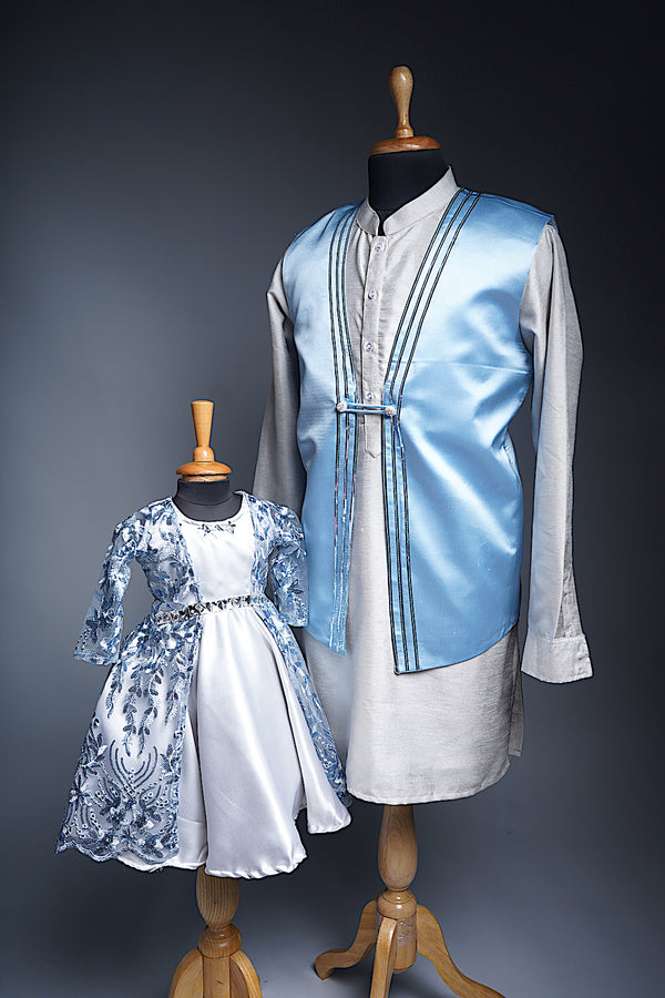 Steel Blue Satin and Silver Rawsilk with Fancy Embroiered net and Silver Satin Dad and Daughter Combo