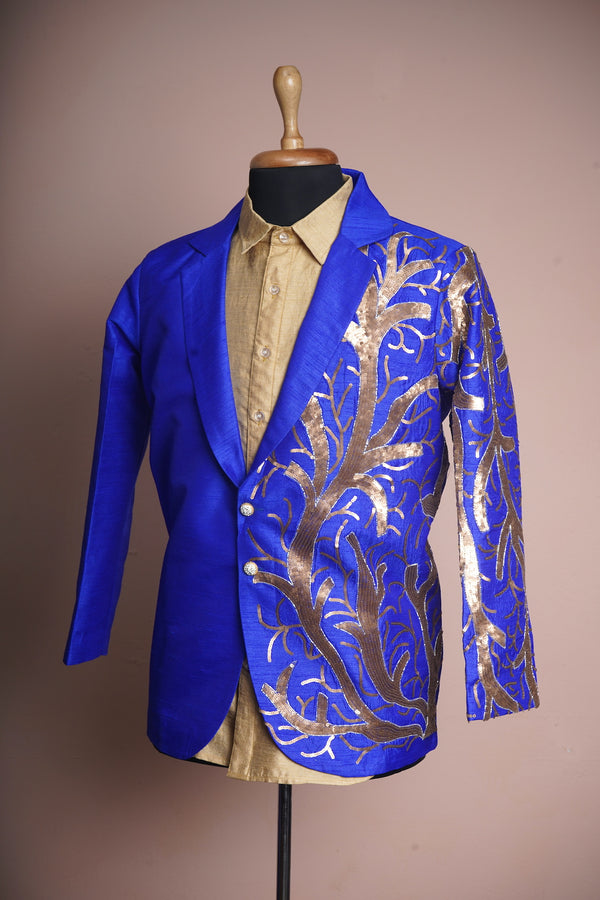 Cobalt Blue and Gold Rawsilk with Special Embroidery work in Mens Suits