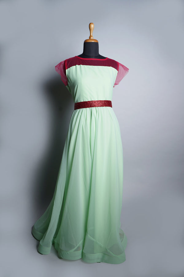 Light Green Plain Georgette with Red net Highlights in Womens Dress