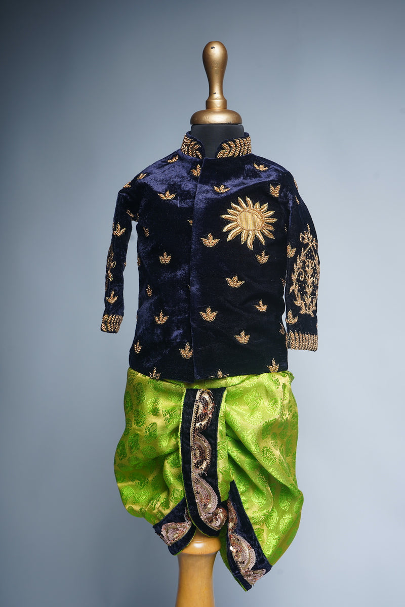 Navy Blue Velvet and Green Brocade with Special Embroidery work in Boy kid Birthday Wear