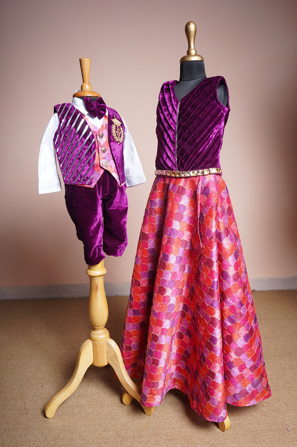 Purple Velvet and Embroidey Grand Fabric with Speacial Embroidery work in Siblings combo