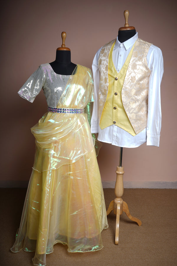 Yellow Jaquard and Silk organza and sequin with Stone Belt in Couple Clothing