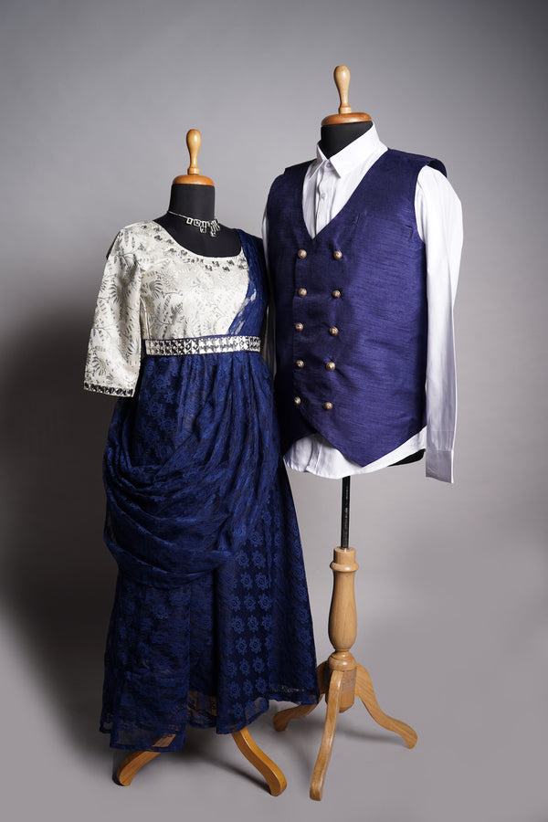 Blue Rawsilk and Embroidery net in Couple Clothing