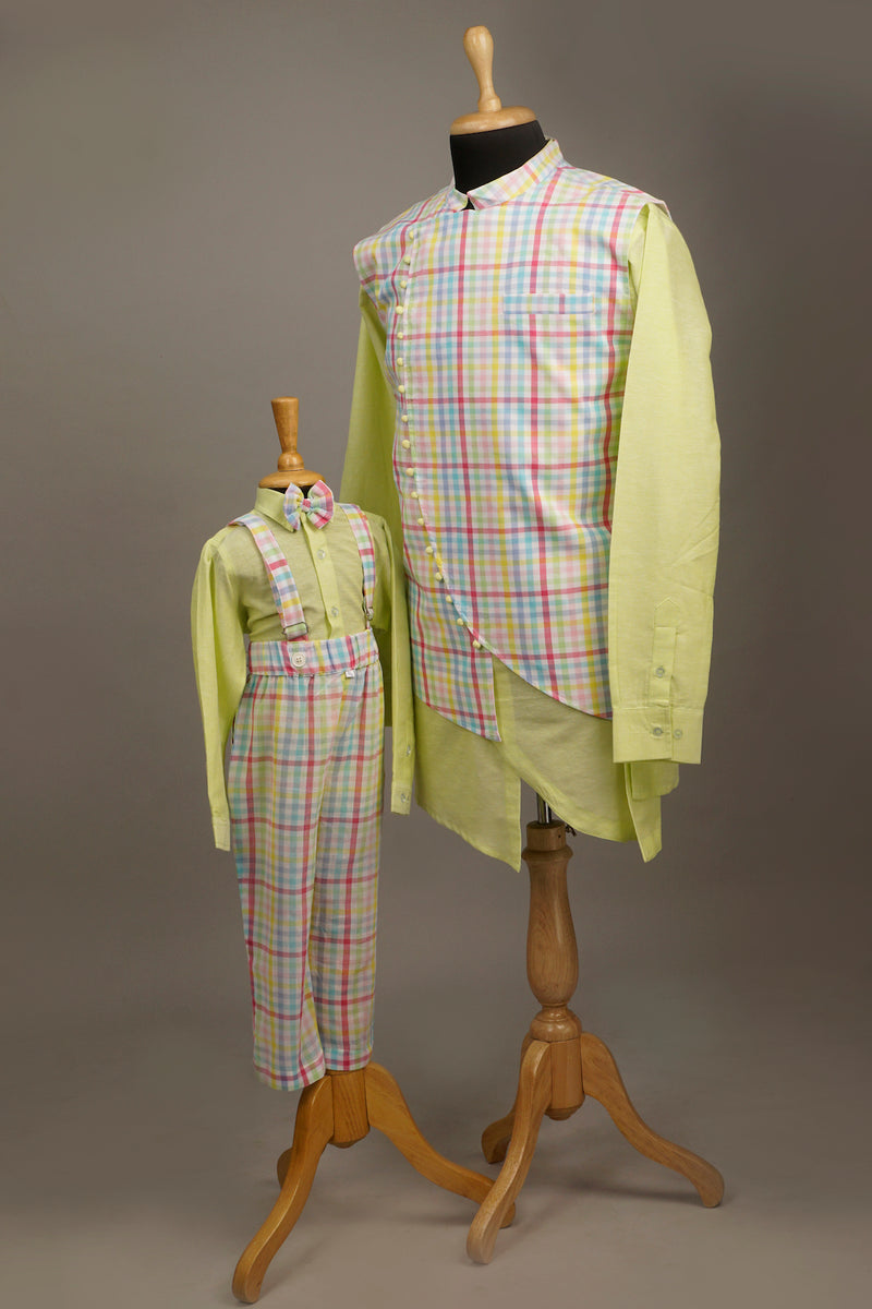 Multi Color Checked Neon Dad & Son  Combo Matching Set