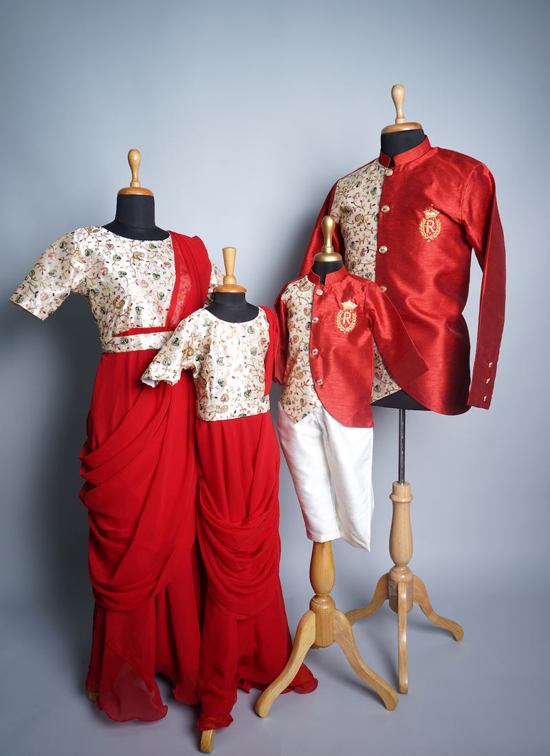 Red Rawsilk and Embroidery Fabric with Speacial Embroidery work in Family Clothing