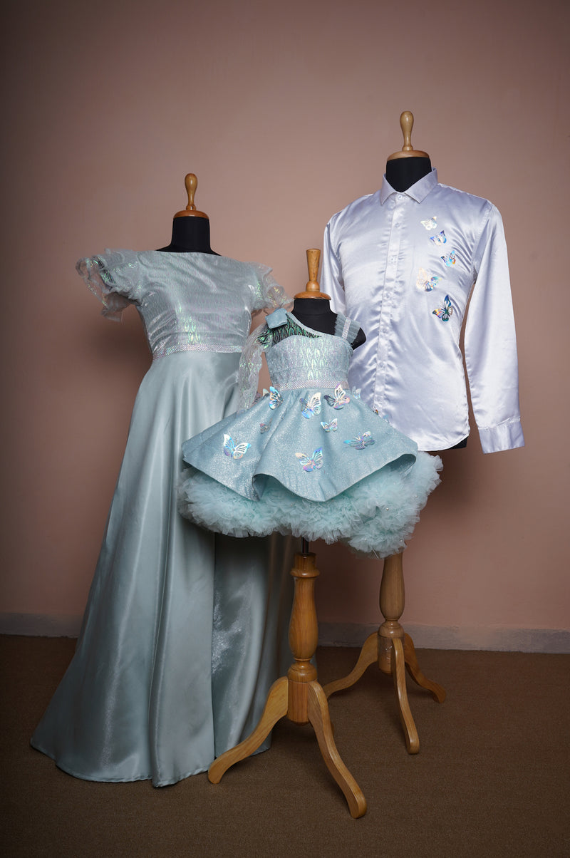 Light Blue Shimmer Satin and Holographic Organza and Glitter Fabric and Plain White Satin with Special Butterfly Work and Stone Patch Work Family Clothing