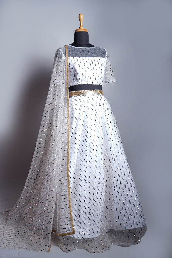 White Sequin Embroidery Women Lehanga Reception Dress
