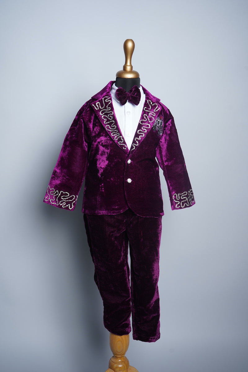 Dark Purple Velvet with Speacial embroidery and Stone work in Boy kid Birthday Dress